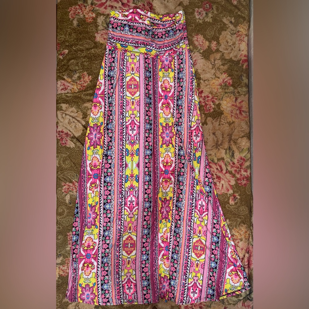 Zoziela Vibrant Pink and Yellow Patterned Maxi Skirt